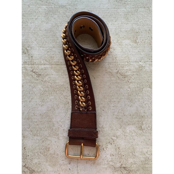 Prada Leather Belt Brown Metal Chain Sz 32 Made In Italy - Picture 1 of 11